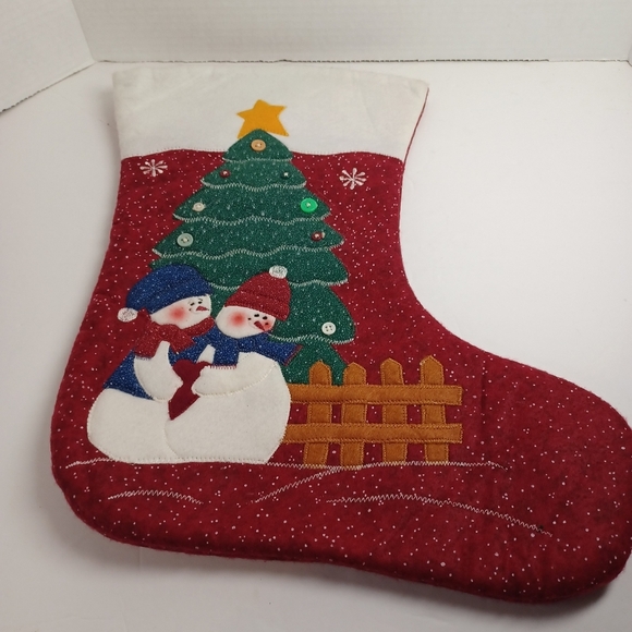 17 inch Holiday Christmas Quilted Stocking- 3D Appliqué Snowman/Tree/Snow Flakes - Picture 1 of 5